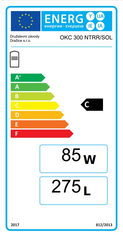 Nepriamoohrevný solárny zásobník teplej vody OKC 300 NTRR/SOL - energetický štítok